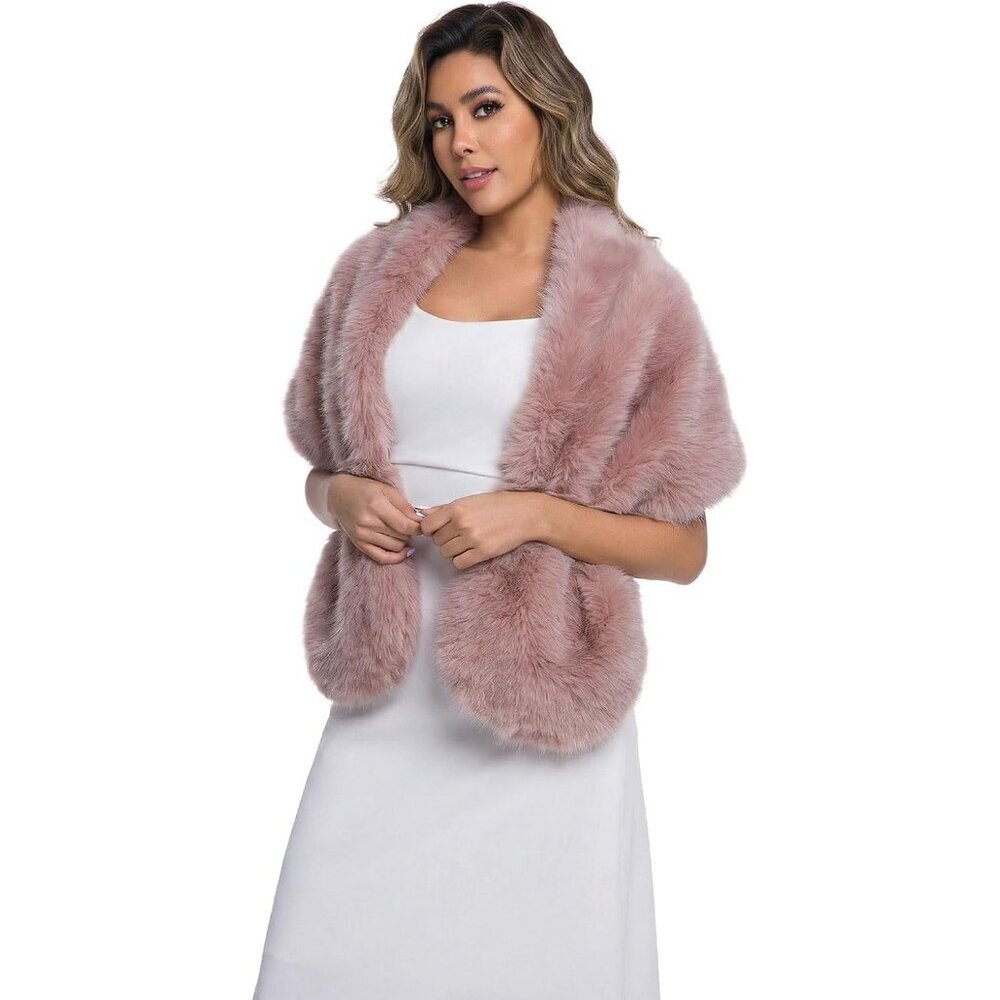 Women' Pink Faux Fur Winter Warm Wedding Neck Warmer Shawl Collar Scarf Stole - Picture 4 of 6